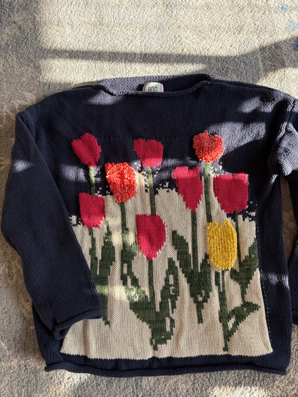 Urban Outfitters/ BDG Navy Boatneck Sweater with Pink, Orange and Yellow Tulips